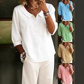Women's Shirt Cotton Linen Shirts Pullover Solid Color Plain Elegant Vacation Vintage 3/4 Length Sleeve Long Tops Daily Outdoor Streetwear White Pink Sky Blue
