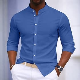 Men's Shirt Dress Shirt Button Up Shirt 100% Cotton Plain Daily Business Light Blue Black White Army Green Long Sleeve Grandad Collar All Seasons Clothing Appa
