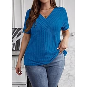 Women's Plus Size Oversized Ribbed Knit Tops T Shirt Stylish Casual Short Sleeve V Neck Long Tops Daily Going out Weekend Black Wine Army Green Royal Blue Purp