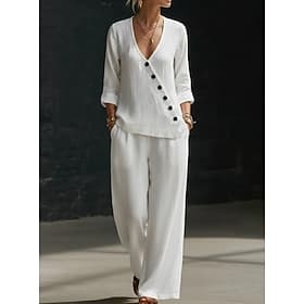 Women's Linen-feel Set Pants Sets Short Sleeve V Neck Solid Color Fashion Streetwear Casual Daily Outdoor Blue Black White Spring Summer Loose Fit