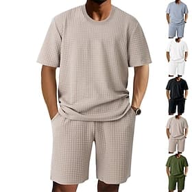Men's Waffle Shirt T-shirt Suits Tracksuit Tennis Shirt Short Sleeves Crew Neck Summer Solid Color Gymnatics Casual 2 Piece Casual Vacation Daily Wear Black Wh