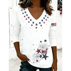 American Independence Day Women's T Shirt Print Graphic American Flag Vintage Stylish Classic Long Sleeve V Neck Regular Tops Daily Weekend Blue Black White Su
