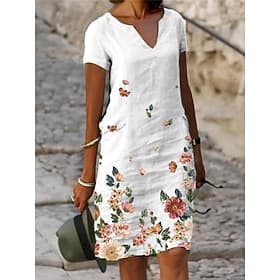 Damen Knielanges Kleid Freizeitkleid Blumenkleid Elegant Mode Modern Outdoor Urlaub Ausgehen Normale Passform Blumen Kurzarm V Ausschnitt Weiß Grün Grau Sommer
