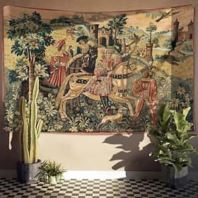 Wandteppich mit mittelalterlicher Falknerei-Szene, Vintage-Motiv, europäische Burg und königlicher Adliger, Millefleur-Kunst, großer Stoffbehang für Bibliothek