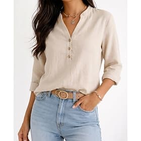 Women's Blouse Buttons Solid Color Vintage Daily Stylish Long Sleeve V Neck Long Tops Daily Blue Black White Purple Green Summer Spring Fall