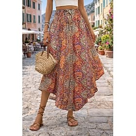 Women's Vacation Skirt Elegant Bohemia Fashion Casual Midi Mid Rise Skirts Graphic Paisley Drawstring Elastic Waist Irregular Hem Inelastic Daily Vacation Blue