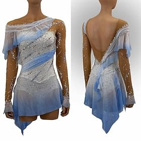 Figure Skating Dress Women's Ice Skating Dress Blue White Patchwork Open Back Stretchy Training Competition Skating Wear Classic Crystal / Rhinestone Long Slee
