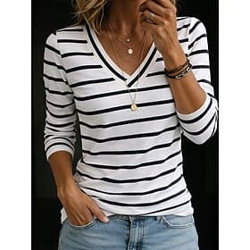 Women's T Shirt Striped Striped Stylish Classic Long Sleeve V Neck Regular Tops Casual Black White Spring
