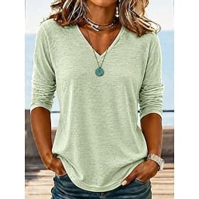 Women's Linen-feel Shirts Shirt Texture Blouse Summer Tops Plain Stylish Classic Short Sleeve Long Sleeve V Neck Regular Tops Casual White Light Green Light Pu