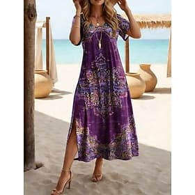 Femmes Robe maxi Robe trapèze Occasionnel Plage Coupe Ample Graphique Géométrique Paisley Manche Courte Col ras du cou Col en V Violet Été Printemps