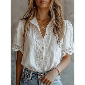 Women's Shirt Lace Shirt Blouse Solid Color Plain Elegant Stylish Classic Short Sleeve Puff Sleeve Lapel Regular Tops Casual Lake blue White Pink Purple Summer
