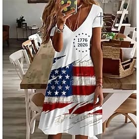 American Independence Day Women's Mini Dress T Shirt Dress Tee Dress A Line Dress Casual Daily Regular Fit Graphic American Flag Short Sleeve V Neck Blue White