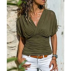 Women's Blouse Solid Color Graphic Plain Elegant Vintage Fashion Short Sleeve V Neck Regular Tops Daily Going out Weekend Black Wine Army Green Coffee Summer S