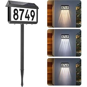 Solar Address Signs, House Number for Outside Waterproof, 3-Color LED Illuminated Address Plaques with Stake, Wall Mounted Solar Powered Light Up Address Numbe