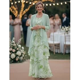 Two Piece A-Line Floor Length Wedding Guest Dress Mother of the Bride Dress Sleeveless 3/4 Length Sleeve Scoop Neck Elegant Simple Minimalist Formal Semi Forma