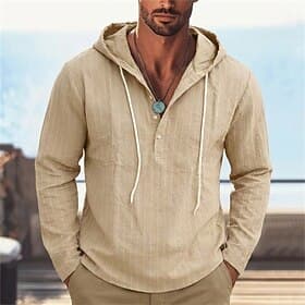 Men's Shirt Linen Shirt Summer Shirt Beach Wear Hooded Shirt Striped Shirts Vertical Stripes Casual Vacation Black White Navy Blue Green Long Sleeve Hoodie Sum