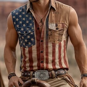 Men's US Flag America's 250th Anniversary Shirt Button Up Shirt Sleeveless Shirt Sleeveless Patriotic Holiday Summer Spring Turndown Front Two Pockets White Br