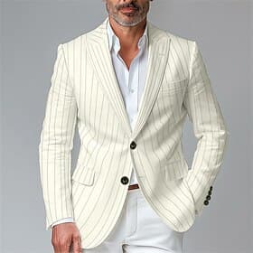 Men's Blazer Business Cocktail Party Wedding Party Fashion Casual Spring Fall Polyester Stripes Pocket Buttons Comfortable Single Breasted Blazer Black White