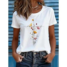 Femmes T-shirt Imprimé Fleuri Graphique ancien Élégant Classique Manche Courte Col ras du cou Col rond Hauts Réguliers Occasionnel Quotidien Bleu Blanche Bleu