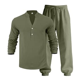 Herren Leinenhemd Zweiteilig Popover-Hemd Und Leinenhosen Hose Freizeithose Set Einfach Lässig Täglich Outdoor V Ausschnitt Langarm Sommer Frühling Mode Lässig