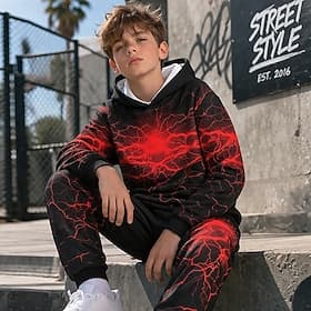 Jungen 3D Grafik Blitz Hoodie- und Jogginghosen-Set Sportanzug Trainingsanzüge Langarm 3D-Druck Frühling Herbst Sport Mode Lässig Kinder 4-12 Jahre Mit Kapuze
