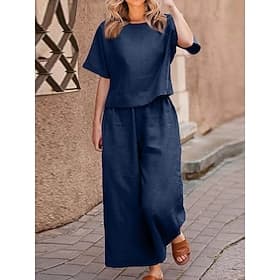 Women's Pants Sets Faux Cotton Linen Short Sleeve Plain Patchwork Fashion Streetwear Daily Outdoor Dark Grey Pink Wine Summer Loose Fit