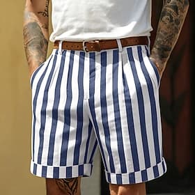 Men's Shorts Linen Shorts Summer Shorts Beach Shorts Pocket Elastic Waist Striped Comfort Breathable Knee Length Casual Daily Outdoor Vacation Fashion Blue Pin