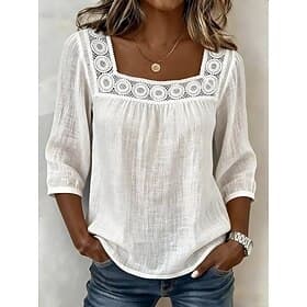 Women's Blouse Lace Solid Color Vintage Daily Stylish Half Sleeve Square Neck Regular Tops Casual Daily Blue White Pink Red Green Summer Spring