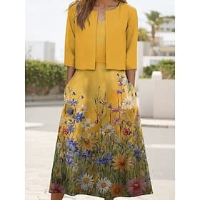 Women's Dress Set Midi Dress A Line Dress Elegant Casual Floral Graphic Layered Print Midi Dress Half Sleeve V Neck Daily Blue Yellow Pink Summer Spring Regula