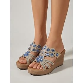 Sandali con zeppa da donna con strass – ciabatte con plateau decorate con motivi floreali scintillanti, comode scarpe estive per vacanze all'aperto, passeggiat