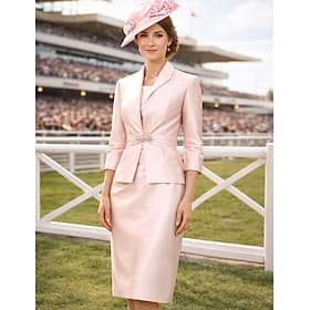 Zweiteilig Schlauchkleid Knielang Kleid für Hochzeitsgäste Brautmutterkleid Ärmellos Juwelenhals Elegant Übergröße Kirche Satin mit Kristalle Raffung