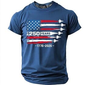 4th of July 2026 250th Men's 250 Years 1776 2026 Fighter Jets American Flag Patriotic 250th Anniversary Military Air Force Graphic T Shirt Casual Navy Blue Des