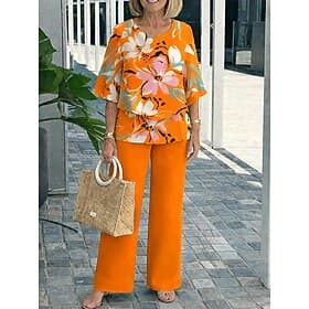Dames Broeken Sets 3/4 mouw Ronde hals Bloemig Grafisch Elegant Vakantie Casual Dagelijks Vakantie blauw Fuchsia Oranje Zomer Ruim Passend