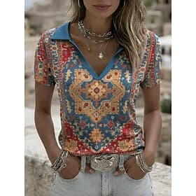 Women's T Shirt Color Block Print Graphic Geometric Stylish Classic Casual Short Sleeve Polo Collar Regular Tops Casual Daily Going out Blue Red Purple Green S