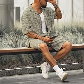 Herren Hemd Hemd Set Freizeithemd Strandhemd Knopfhemd Grün Kurzarm Linien / Wellen Revers Lässig Täglich Jacquard Bekleidung Mode Lässig Bequem