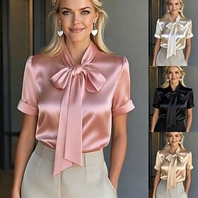 Women's Satin Shirt Blouse Lace up Buttons Solid Color Elegant Stylish Long Sleeve Tie Neck Regular Tops Daily Office Black White Pink Apricot Spring Fall