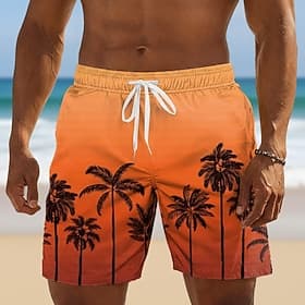 Men's Coconut Tree Gradient Color Tropical Plants Swim Trunks Bathing Suits Swim Shorts Board Shorts Mid Waist Hawaiian Beach Vacation Wear Side Pockets Mesh L