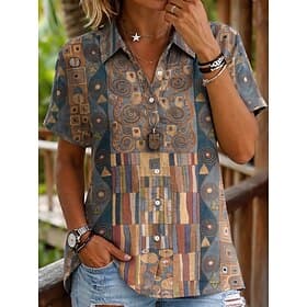 Women's Shirt Buttons Print Graphic Geometric Vintage Stylish Modern Short Sleeve Shirt Collar Regular Tops Daily Office Purple Khaki Summer Spring