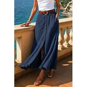 Femmes Jupe de vacances Jupe en faux coton et lin Mode style grand-mère côtier Occasionnel Été Maxi Taille Moyenne Jupes Couleur Unie Non Elastique Quotidien V