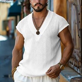 Herren T-Shirt-Outfits T-Shirt Ärmellos V Ausschnitt Frühling Sommer Sommer Frühling Strickware Hawaiianisch Designer Gestrickt Lässig Täglich Heim Weiß Top T