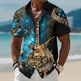 Herren Sternenklarer Himmel Gitarre Musikinstrument Hemd Knopfhemd Kurzarm Künstlerisch Vintage-Retro Musikfestival Ferien Sommer Frühling Umlegekragen 3D-Druc