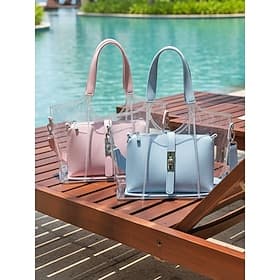 Women's Bohemian Clear PVC Tote Bag Set, Mother-Child Multi-Compartment Large Capacity Handbag with Adjustable Shoulder Strap, Stylish Multi-Color Bags for Bea