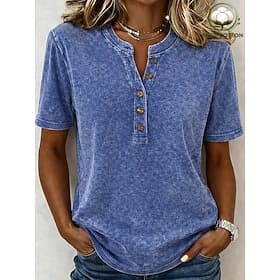 Women's Vintage 100% Cotton Henley Shirt - Soft Washed Short Sleeve Basic Tops