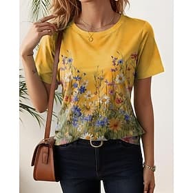 Women's T Shirt Print Floral Graphic Plants Fashion Stylish Classic Short Sleeve Crew Neck Regular Tops Casual Daily Weekend Blue Yellow Pink Light Purple Summ