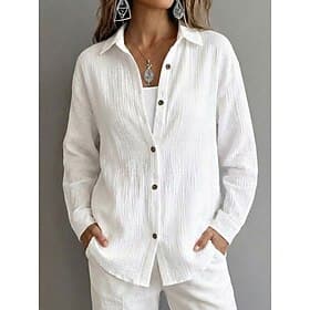 Women's Shirt Blouse Buttons Plain Classic Modern Casual Long Sleeve Shirt Collar Regular Tops Daily Holiday Going out White Khaki Summer Spring