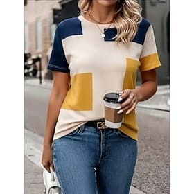 Women's T Shirt Color Block Print Graphic Geometric Vintage Stylish Casual Short Sleeve Crew Neck Round Neck Regular Tops Daily Yellow Navy Blue Summer Spring