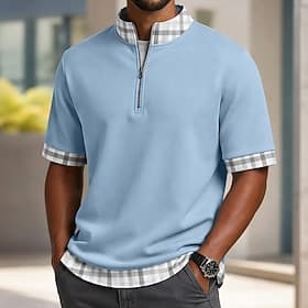 Hombre Camisetas polo Casual Festivos Cuello Mao Manga Corta Básico Moderno Plaid Bloque de color Cremallera Primavera verano Azul Piscina Violeta Azul Marino