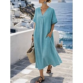 Femmes Robe maxi Robe fourreau Occasionnel Quotidien Coupe Ample Uni Manche Courte Col en V Bleu Rouge Violet Marron Été Printemps Automne