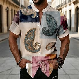 Men's Paisley Patchwork Floral Print Shirt Button Up Shirt Stand Collar Shirt Short Sleeve Ethnic Vintage Retro Vacation Dailywear Beach Wear Summer Spring Man