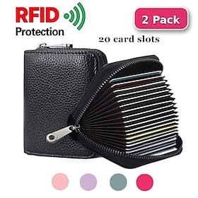 2 Pack RFID Blocking Credit Card Holder for Women Men, Genuine Leather Zipper Wallet with 20 Card Slots, Accordion Style Large Capacity Travel Card Case Organ